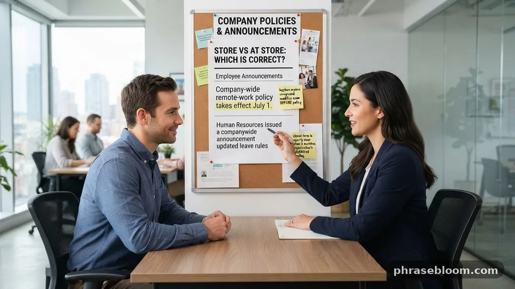 Policies and employee announcements - In the Store vs At the Store: Which Is Correct?